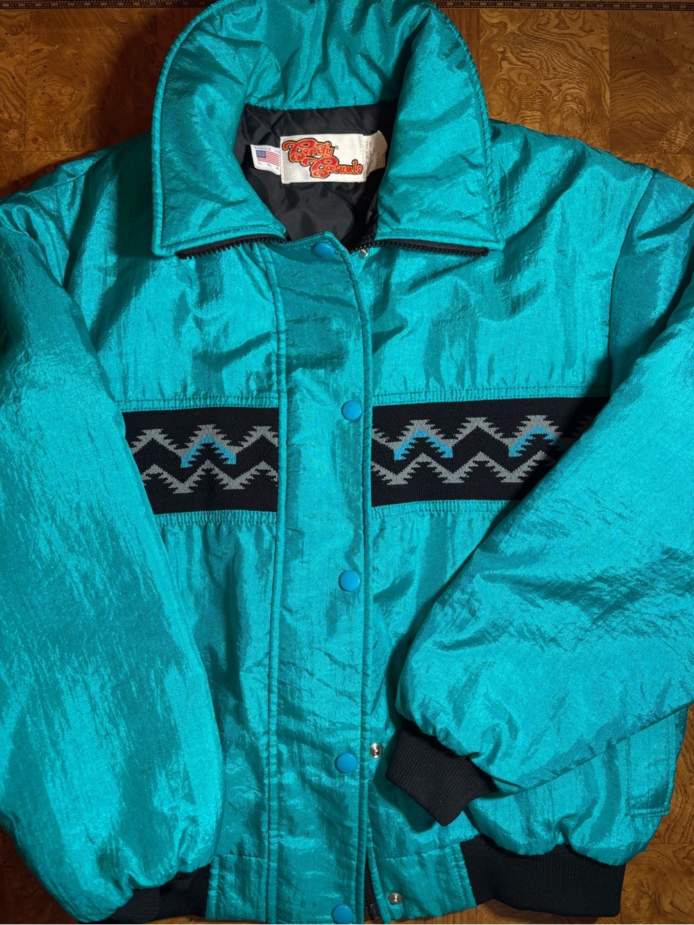 Vintage Bright Teal Puff Jacket with Aztec Stripe - Unbranded